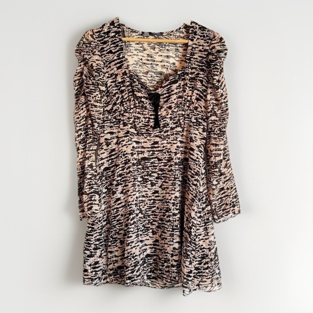ZARA Animal Print Ruched Long Sleeve Mini Dress Medium Bow Tie Coquette Milkmaid